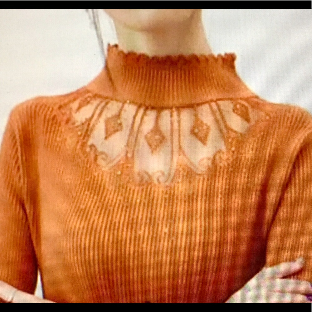Elegant crew neck with lace net detail at neck.